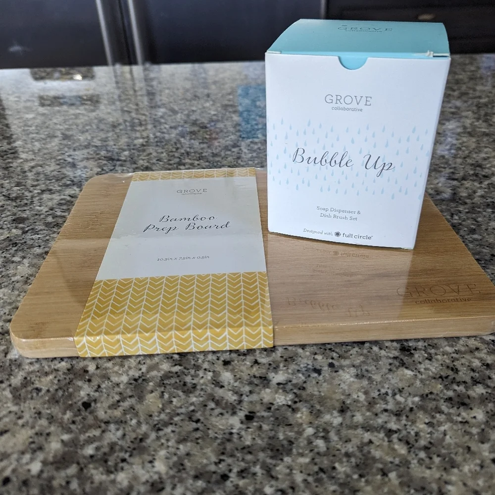 Grove Bamboo Prep Board And Bubble Up Dish Soap Dispenser & Brush